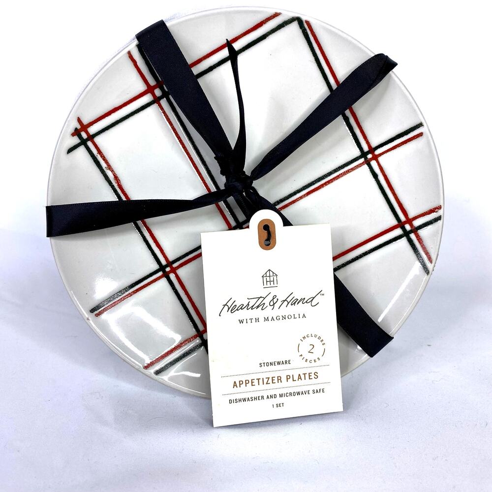 Hearth & Hand Magnolia Set of 2 Plaid Appetizer Plates Black Red Holidays NEW